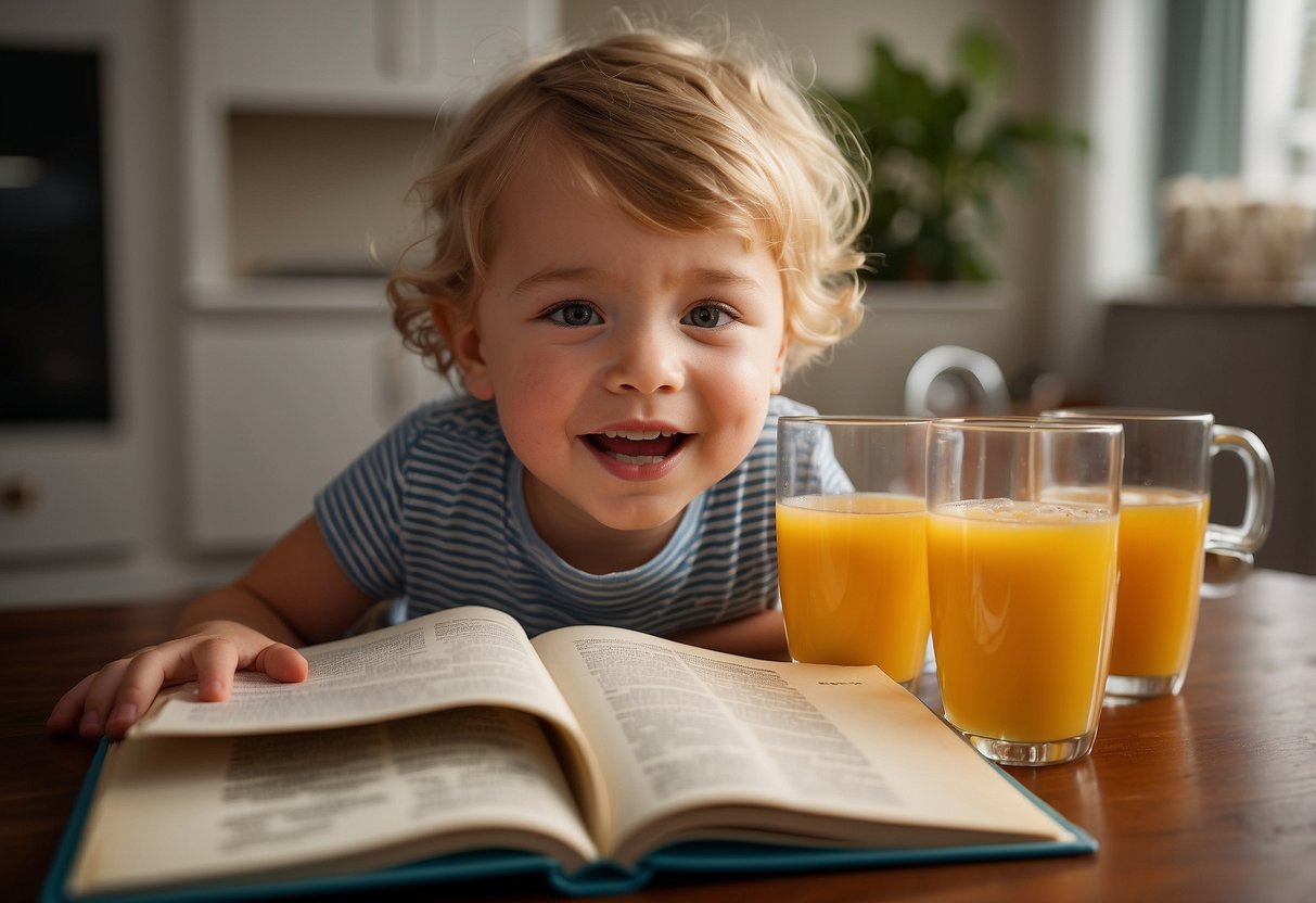 A child's potty training book lies open, with a spilled cup of juice and a frustrated parent in the background