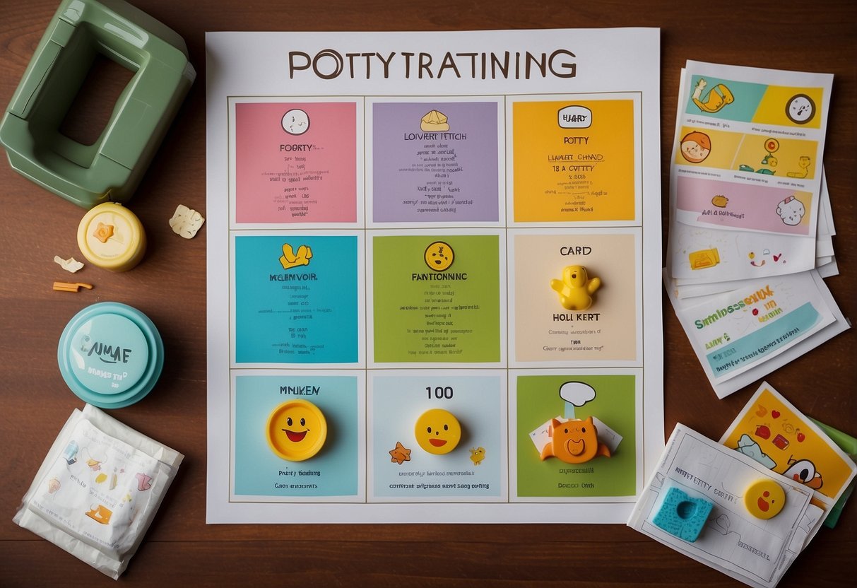 A child's potty training chart with 10 crossed-out items, surrounded by happy, successful potty training symbols