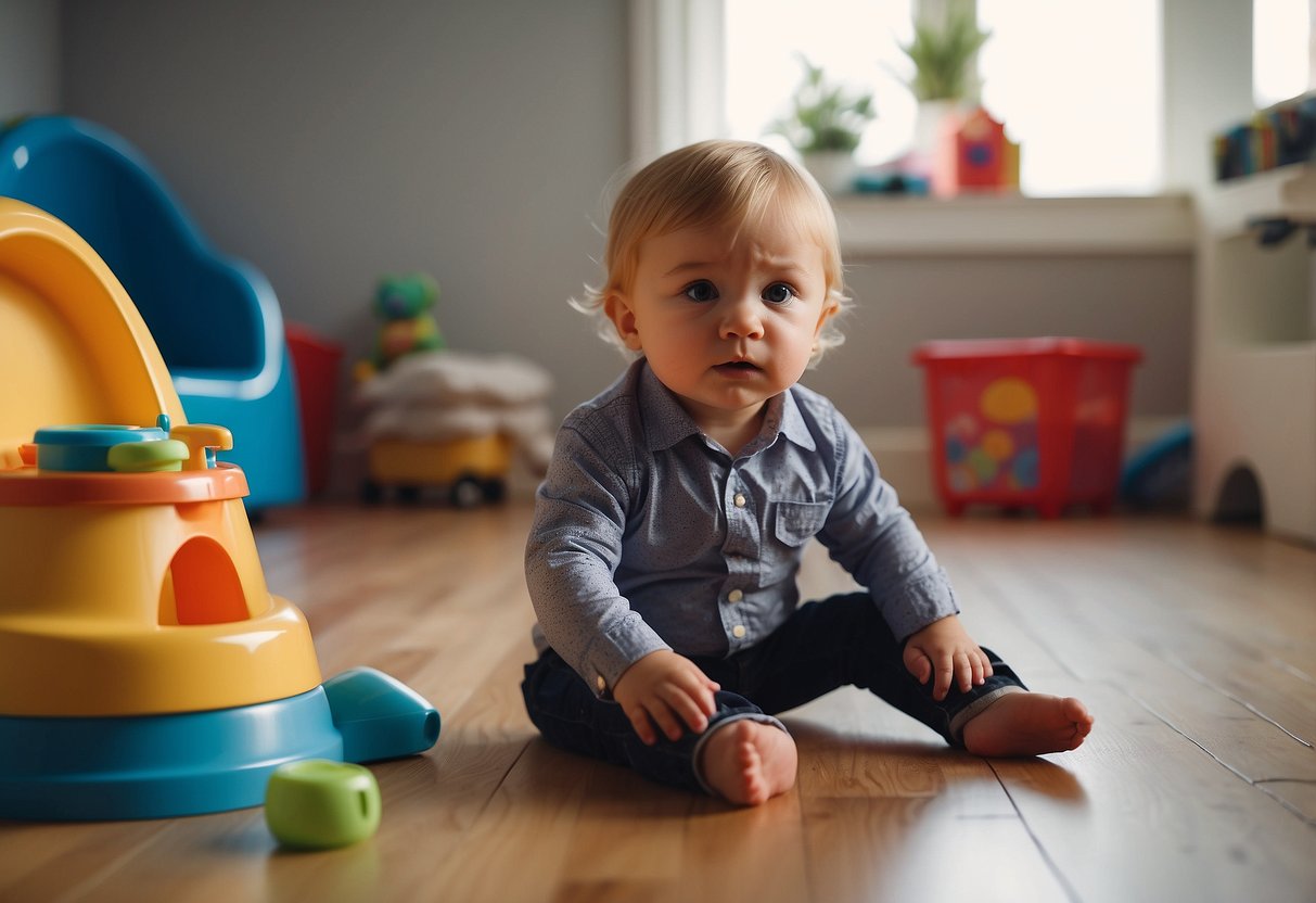 A toddler's potty sits untouched while a parent scolds the child for not following potty training rules. Toys are scattered around the room, adding to the chaotic scene