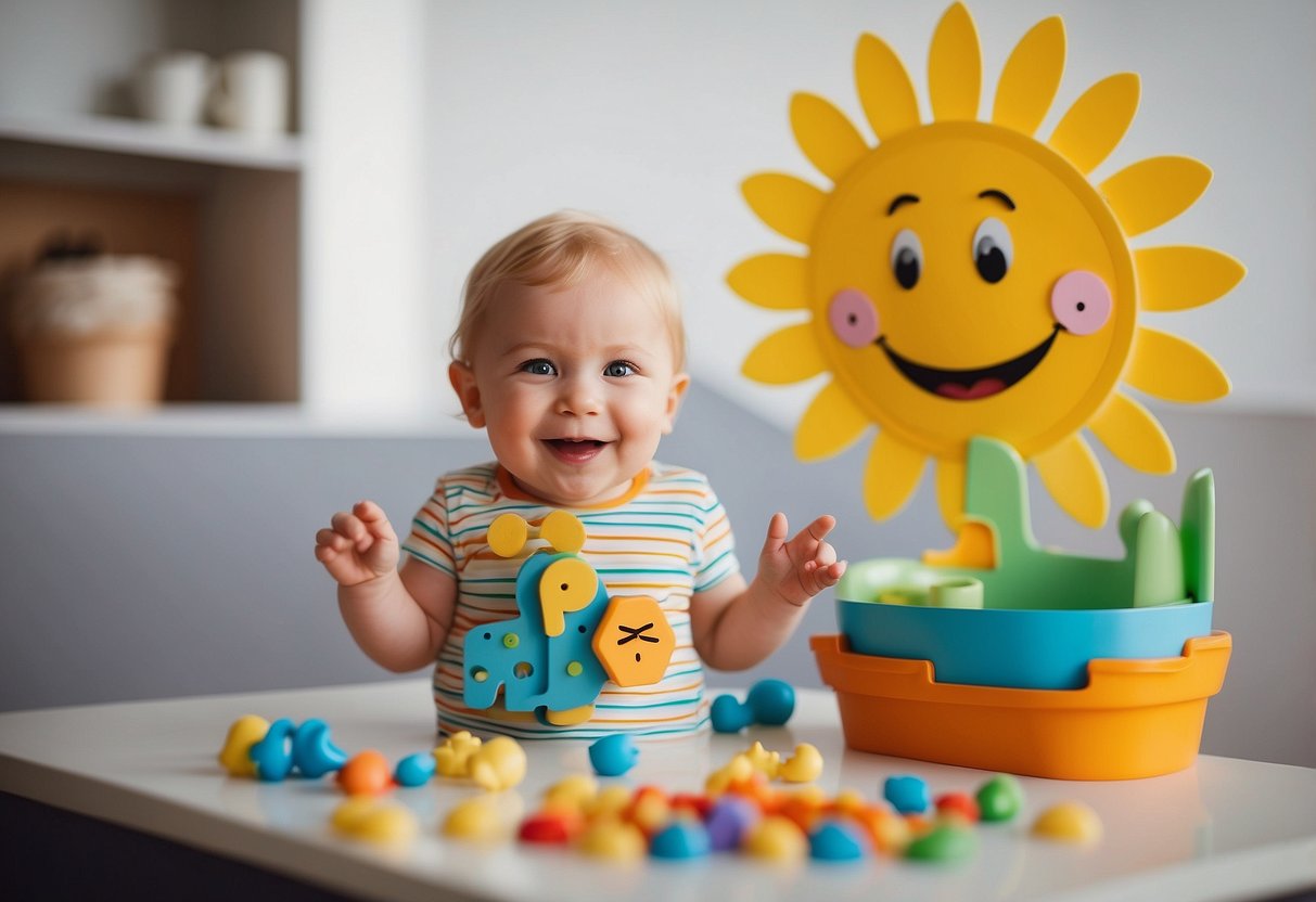 A colorful chart with stickers and a smiling sun, a potty chair, and a happy toddler holding a reward toy