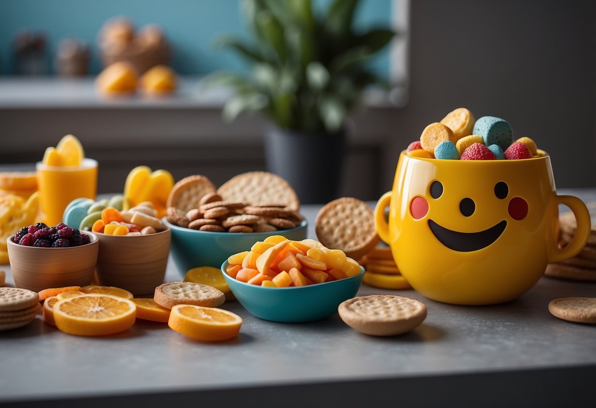 Colorful snacks arranged in a playful display, with a variety of shapes and textures. A potty chair with a happy face sticker, surrounded by cheerful, motivating rewards