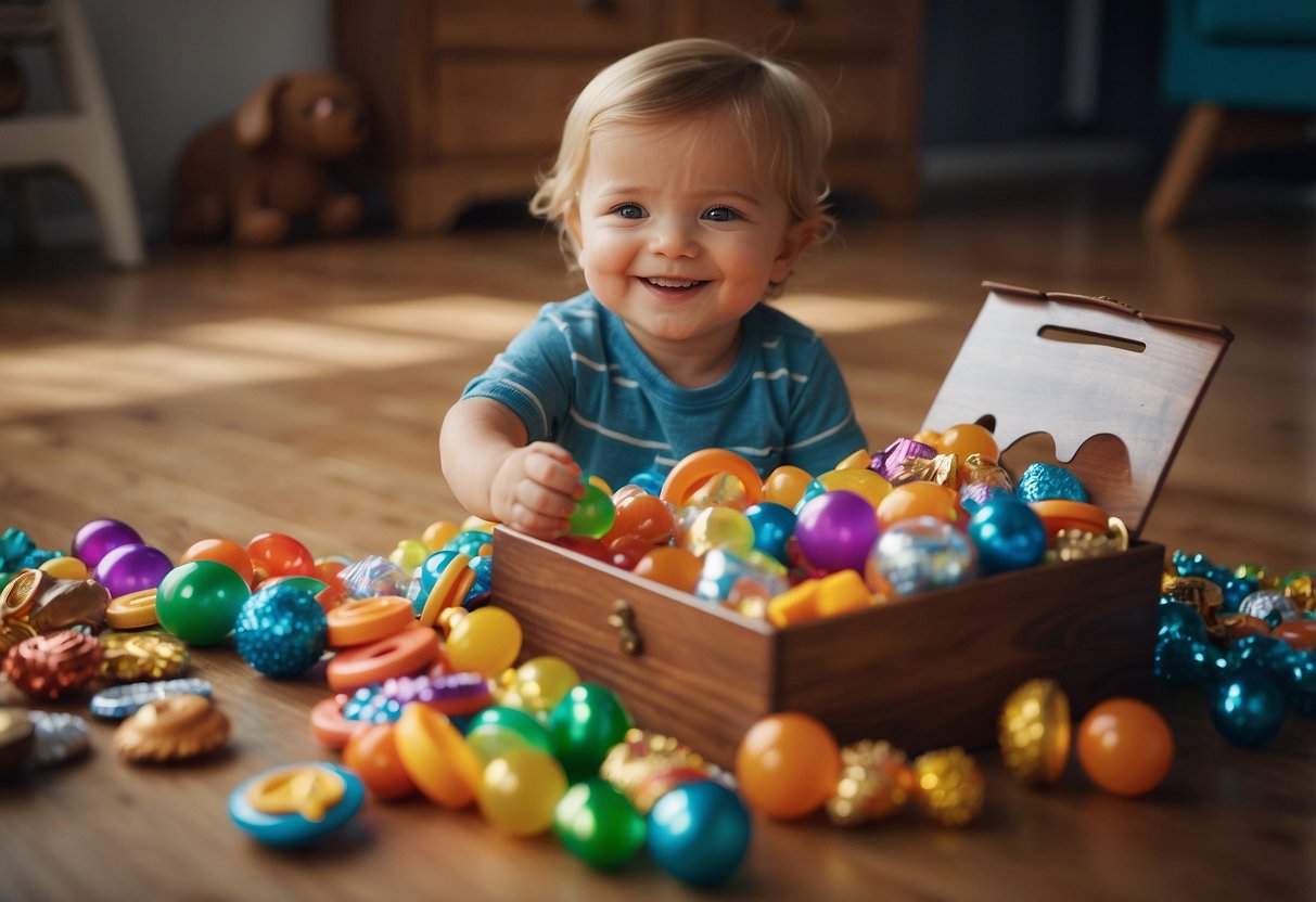 A treasure box filled with potty training rewards: stickers, small toys, and colorful treats. A happy toddler reaching in to pick a prize