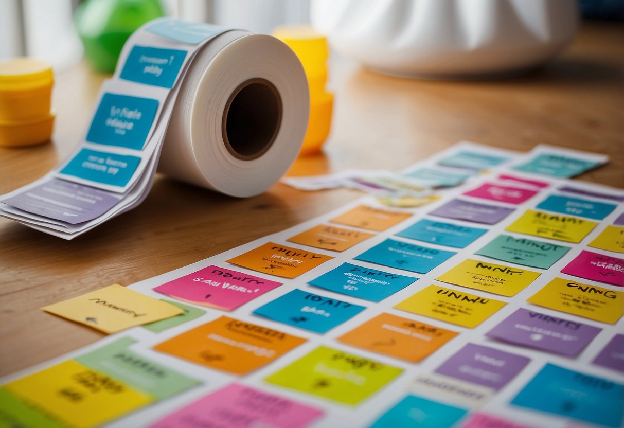 A colorful sticker chart with seven empty spaces, each labeled with a different potty training milestone. A pile of small, vibrant stickers sits nearby, ready to be placed on the chart as rewards