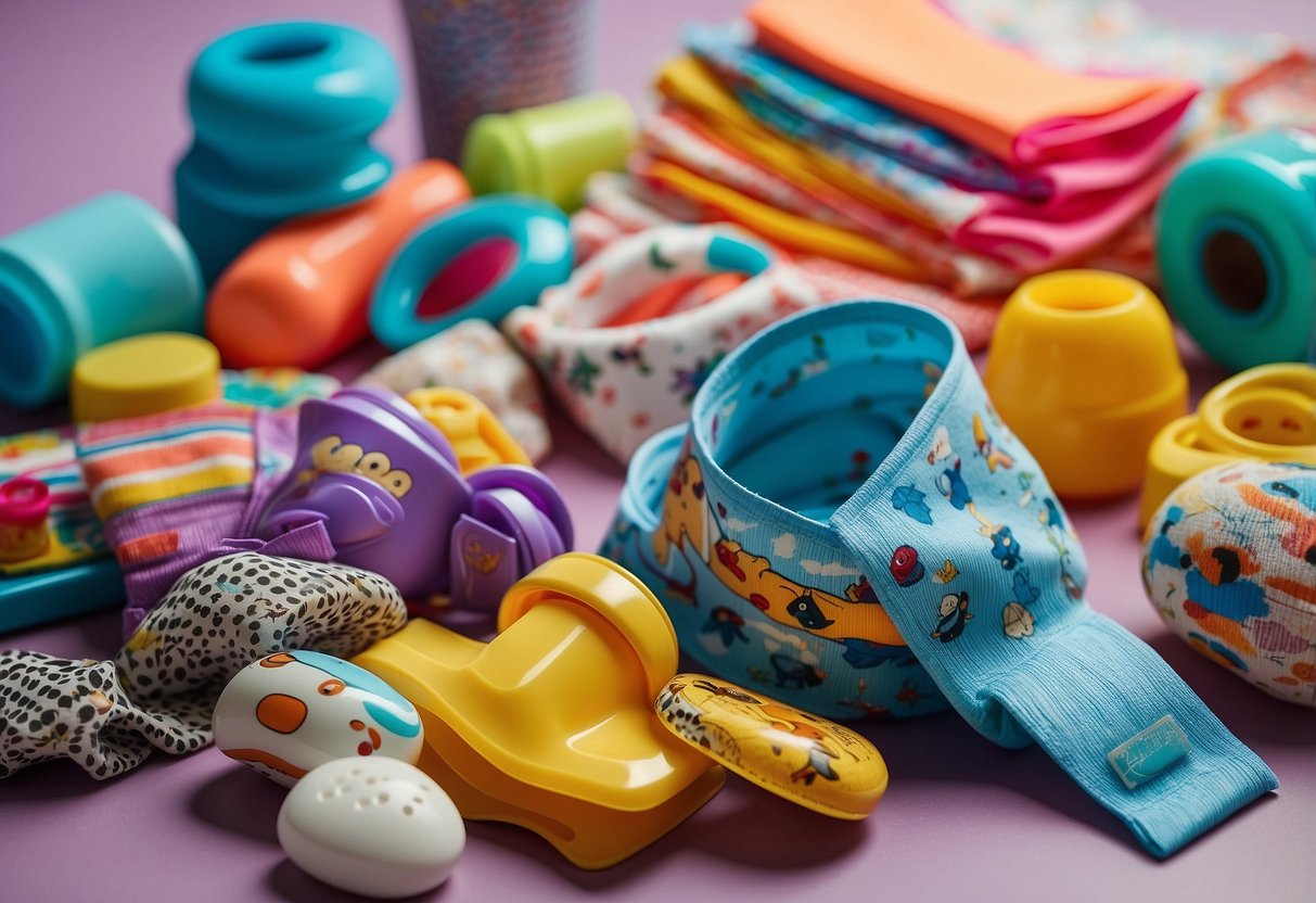 A pile of vibrant, patterned underwear sits next to a row of potty training rewards, including stickers and small toys, on a bright, clean surface