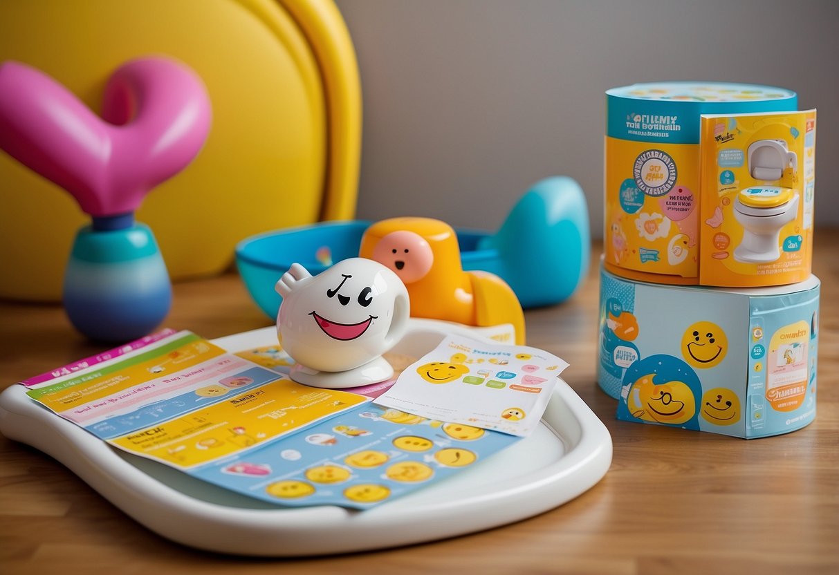 A toddler's potty training rewards displayed on a colorful chart with stickers and smiley faces, surrounded by potty training books and a small potty chair