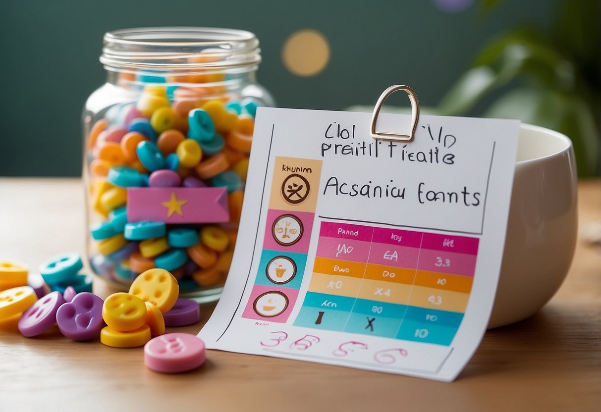 A toddler's potty training chart with colorful stickers and a jar of small treats as rewards. A few accidents marked with X's, but mostly filled with progress and achievements