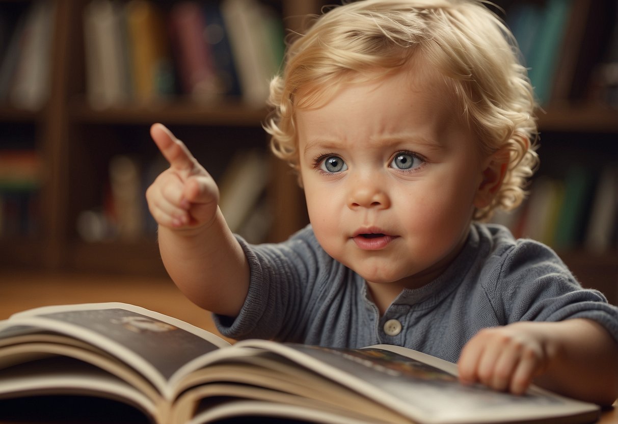 A toddler pointing at objects while babbling, looking at picture books, and attempting to imitate words heard from adults