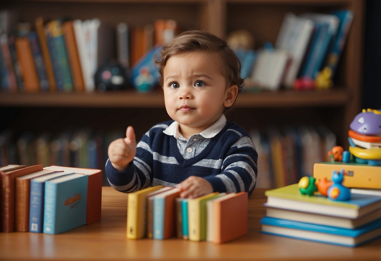 A toddler pointing at objects, babbling, and imitating sounds. Books and toys scattered around. A speech therapist observing and taking notes