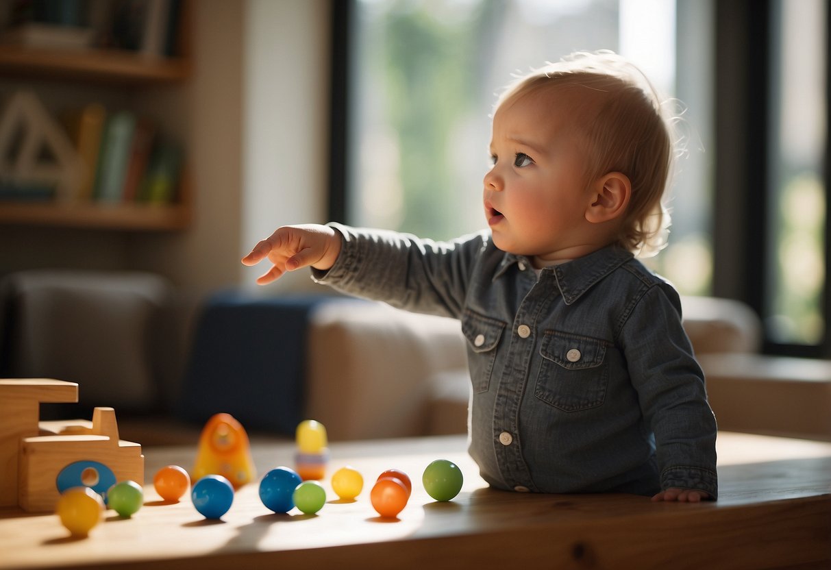 A toddler points to objects while babbling, showing typical language development