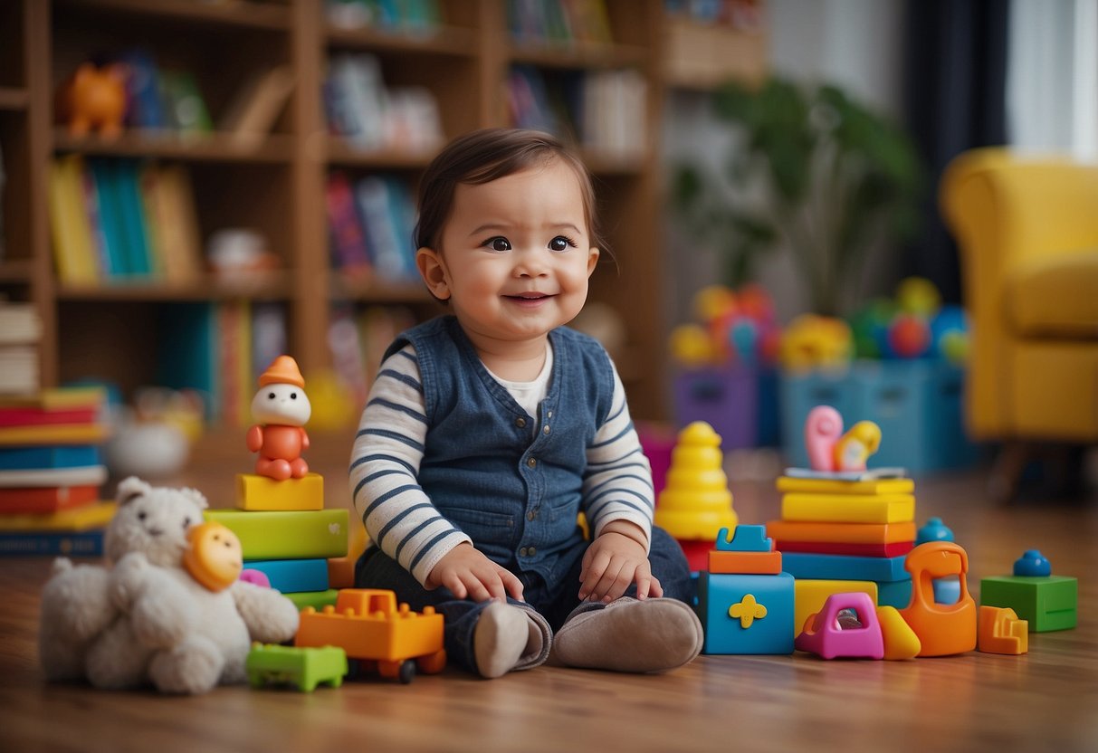 A toddler sits attentively, smiling while listening to a story being told. Surrounding them are colorful books and toys, creating a warm and inviting atmosphere