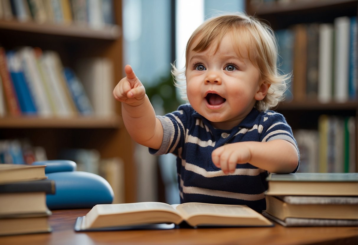 A toddler pointing at objects, babbling, imitating sounds, using simple words, responding to simple instructions, and showing interest in books