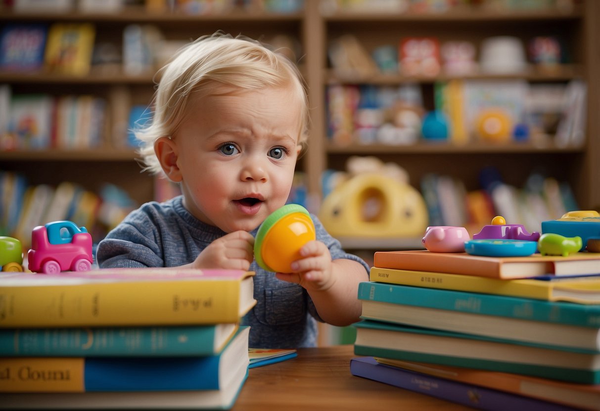 A toddler pointing at objects while babbling, surrounded by colorful books and toys. A speech bubble with simple words appears above their head