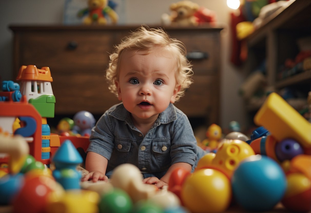 A toddler surrounded by toys, pointing and babbling, making eye contact, responding to questions, and using gestures to communicate