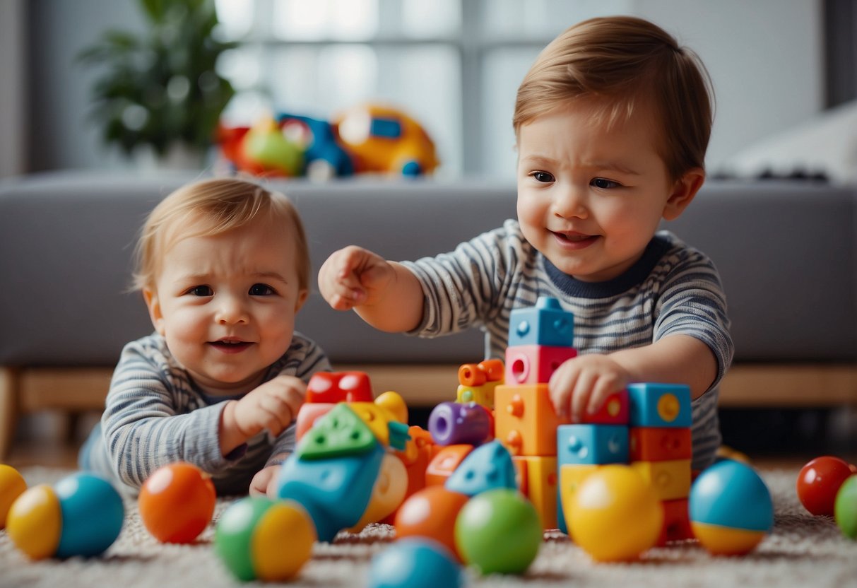 Toddlers playing with colorful toys, pointing and naming objects, and engaging in simple conversations with adults