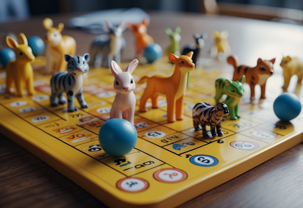 Animals gathered around a bingo board, making their unique sounds. Children pointing to the board with excitement