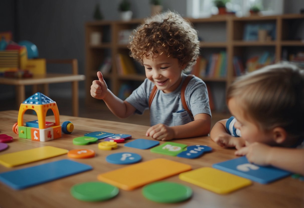 Children playing games with colorful flashcards, pointing and naming objects. Smiling faces and animated gestures. Books and toys scattered around