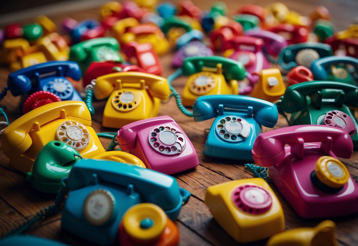 Colorful toy telephones scattered on the floor, surrounded by smiling toddlers engaged in fun speech games