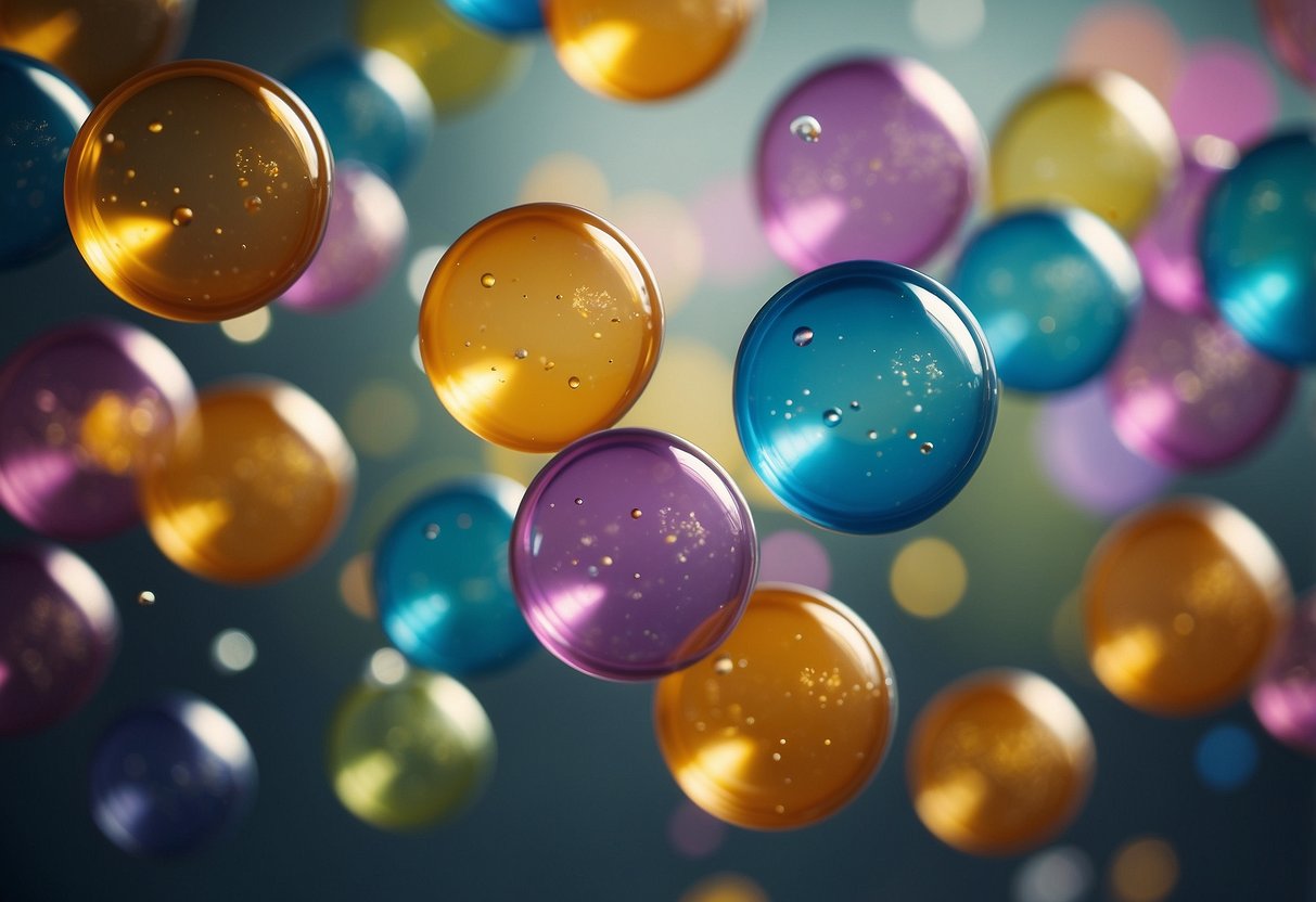 Colorful bubbles floating in the air, with speech bubbles containing words and phrases. Toddlers playing games and laughing