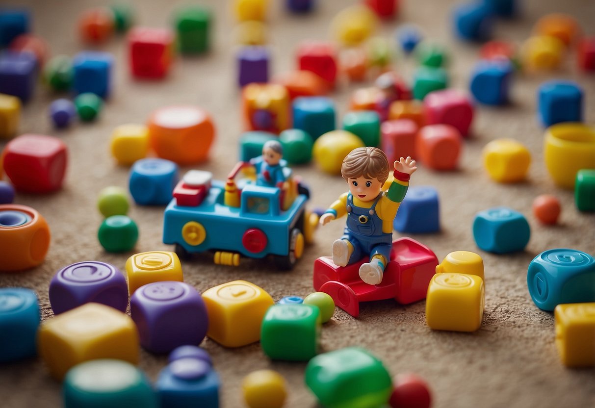 Colorful toys scattered on the floor, a child pointing excitedly at items, a speech therapist engaging in playful conversation