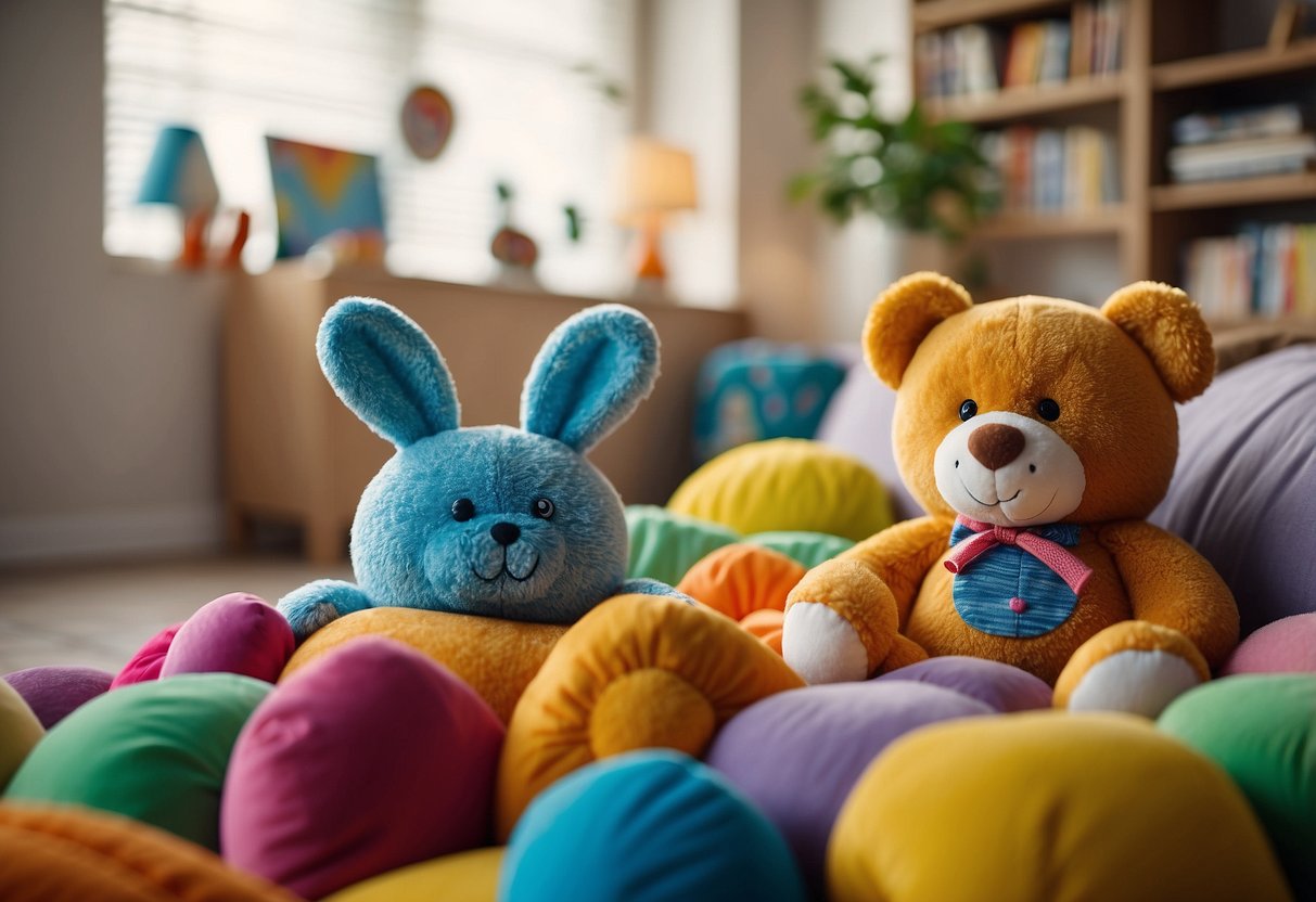 Colorful toys scattered in a bright, spacious room. A cozy reading nook with soft pillows. Cheerful posters with speech prompts and playful games set up around the area