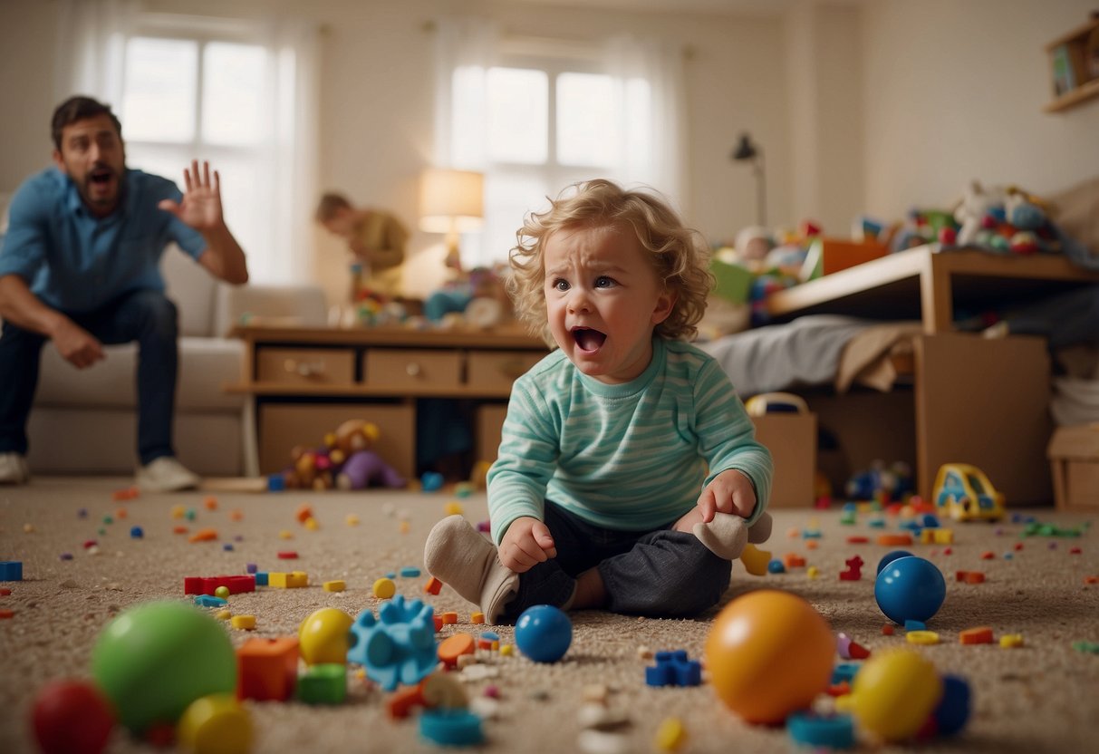 A child throws a tantrum in a messy room, while a frustrated parent looks on. Toys are scattered, and the parent's face shows signs of stress