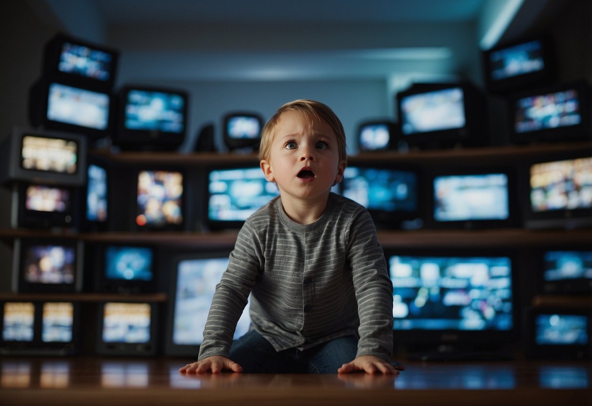 A child surrounded by screens, throwing a tantrum. Parents looking overwhelmed and unsure how to handle the situation