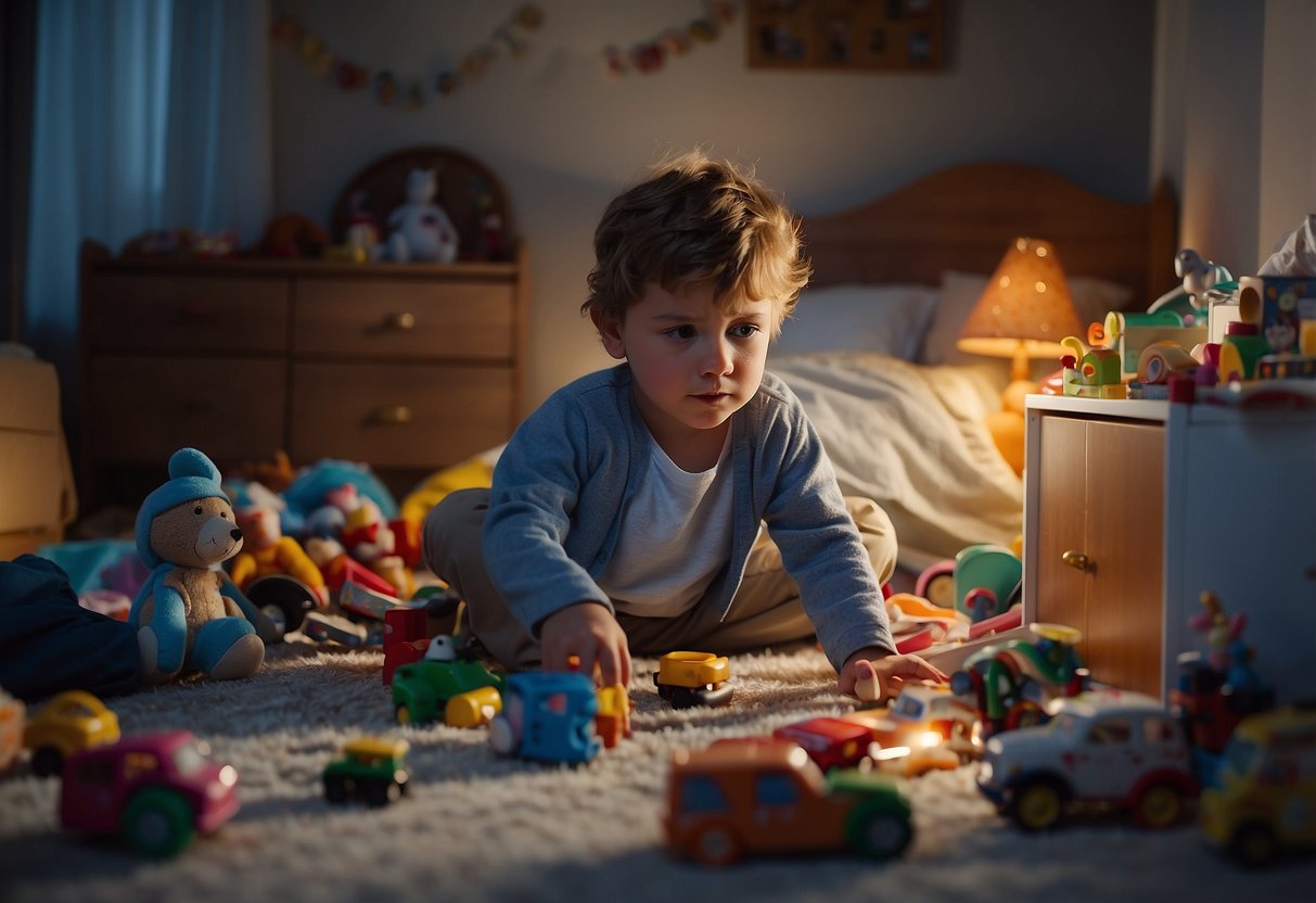 A cluttered bedroom with scattered toys and a clock showing late hours. A frustrated parent trying to calm a crying child