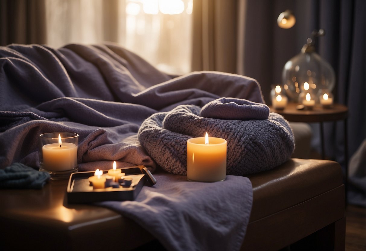 A cozy, dimly lit room with soft music playing, a weighted blanket draped over a comfortable chair, a lavender-scented diffuser, and a selection of stress-relief toys and fidget tools scattered on a table