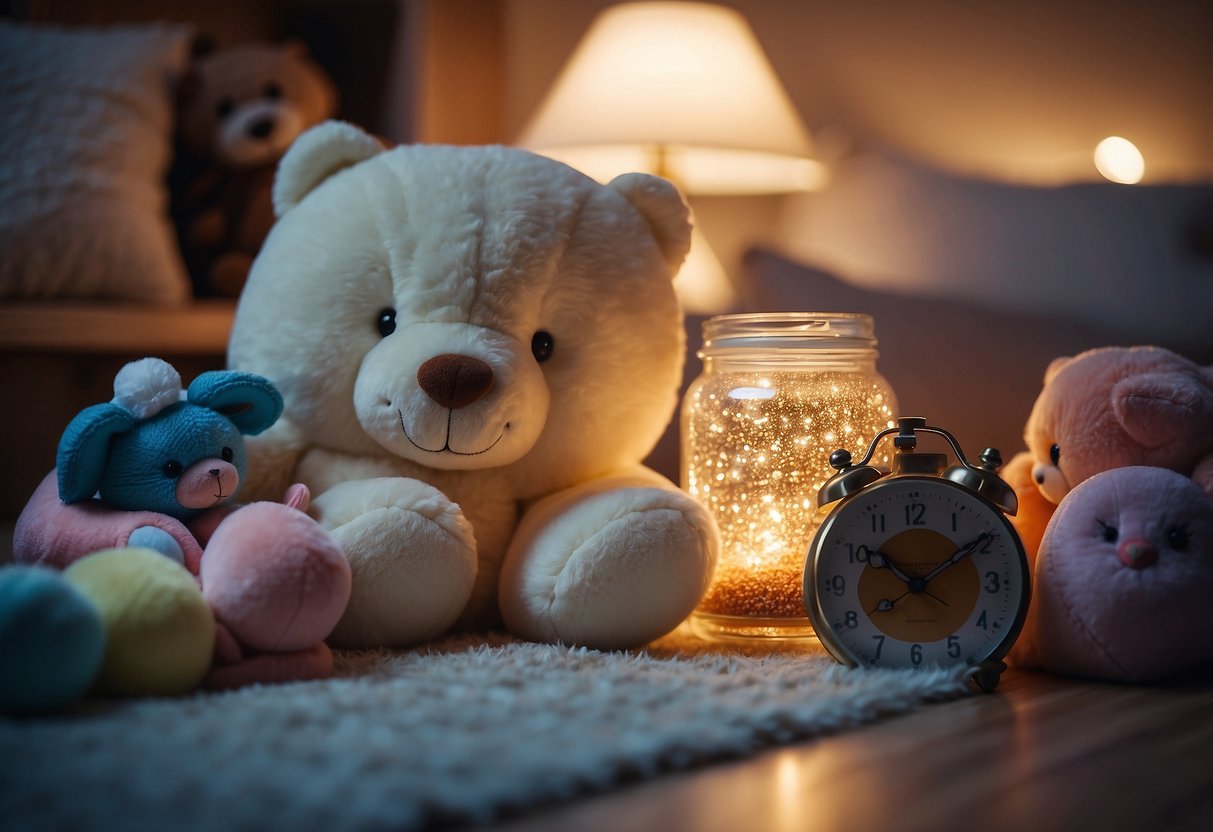 Children's toys scattered on the floor, a cozy corner with soft pillows, a calming jar filled with glitter, a soothing essential oil diffuser, a visual timer ticking away, and a calming music playlist on in the background