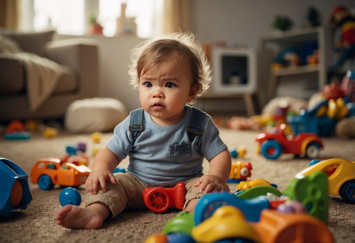 A toddler surrounded by toys, with a frustrated expression, stomping feet, and throwing objects in a messy room