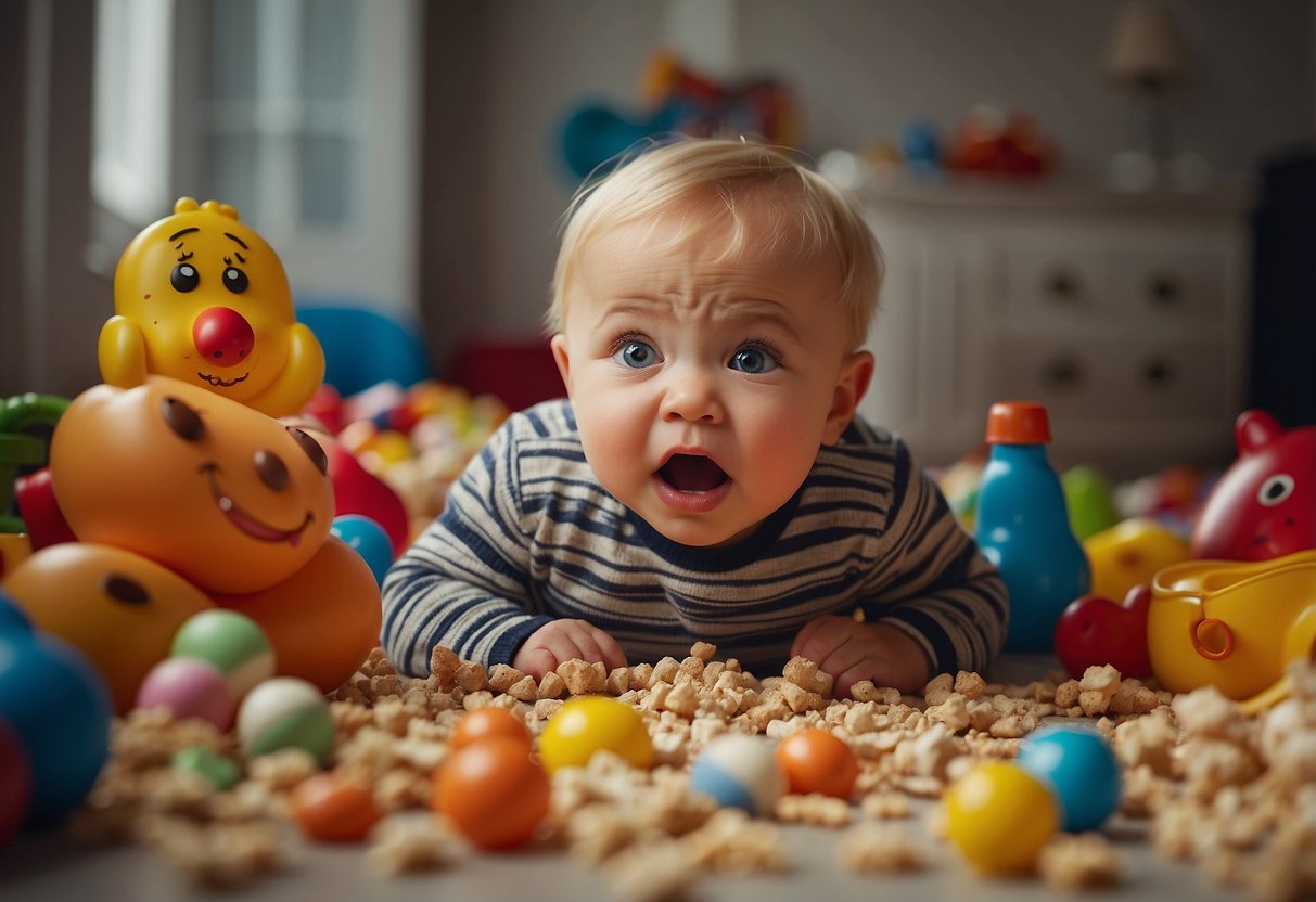 A toddler's face contorts with frustration, surrounded by scattered toys and food crumbs. The room echoes with their cries, as they express their hunger-induced tantrum