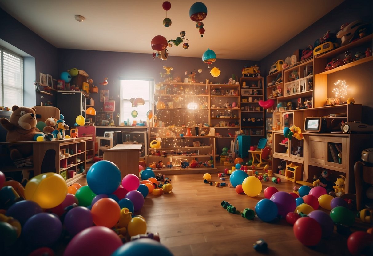 A chaotic playroom with scattered toys and bright, flashing lights. A loud, crowded space with overwhelming sensory stimuli