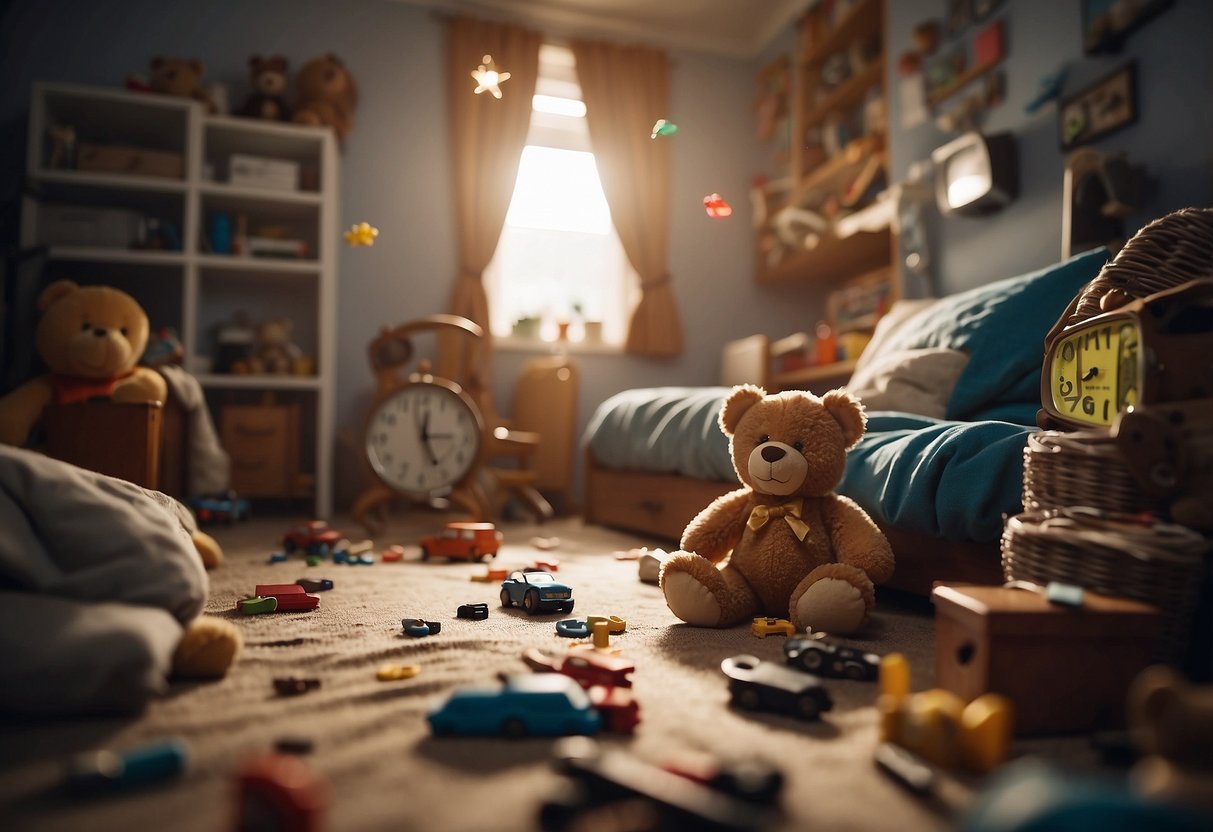 A messy room with scattered toys, a tired-looking teddy bear, and a clock showing a late bedtime hour