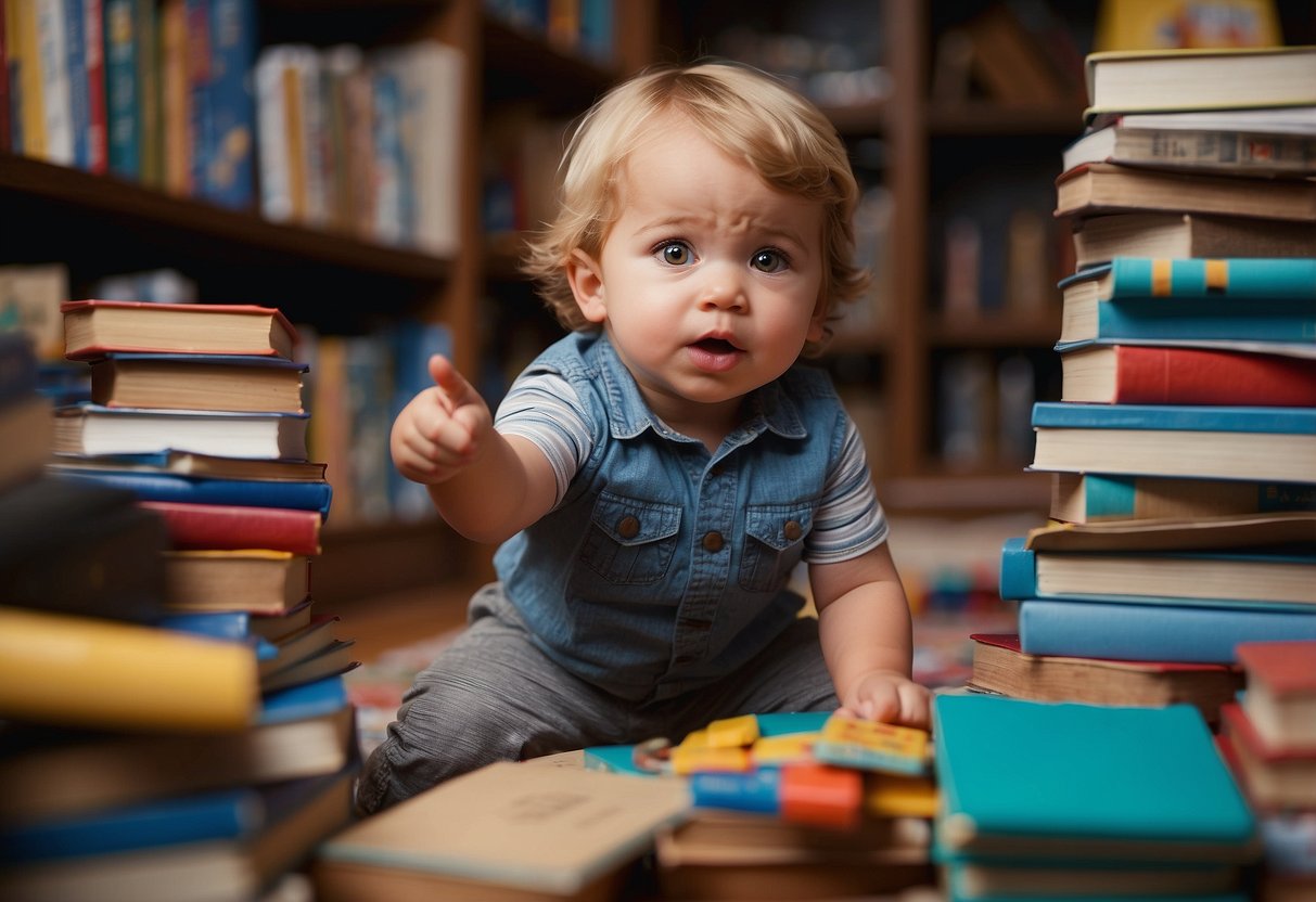 A toddler surrounded by books, pointing at objects, unable to express needs, while throwing toys in frustration