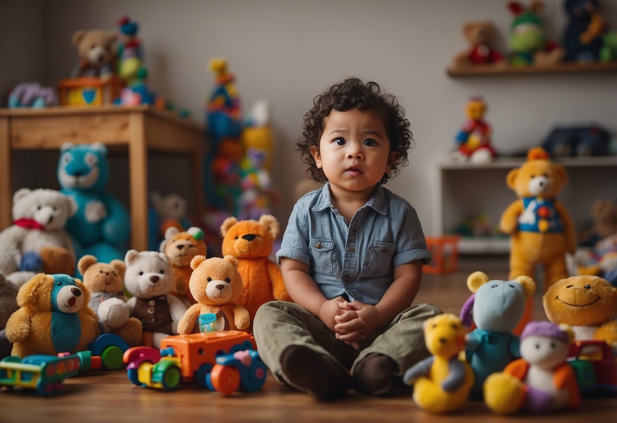 A toddler stands with arms crossed, surrounded by toys. Frustrated expression, stomping feet. A desire for independence evident in body language