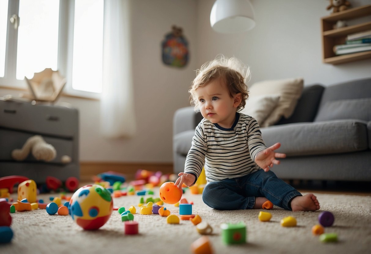 A playful toddler throwing toys, while a frustrated parent tries to redirect their attention. A messy room with scattered toys and books. A timer set for a short break for both parent and child