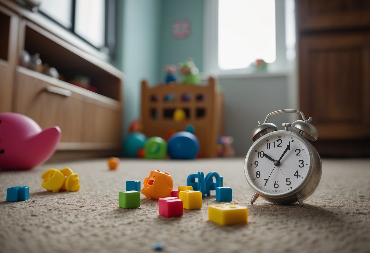 A child's toys scattered on the floor, while a clock on the wall reads 8:00. A list of "8 Tips for Surviving the Terrible Twos" is pinned to the fridge