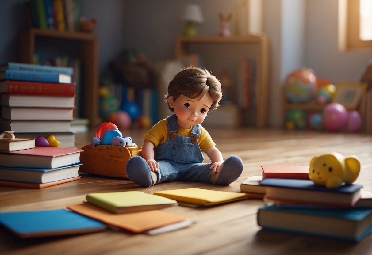 A child's toy lying on the floor, surrounded by scattered books and papers. A parent's hand reaching out to offer comfort