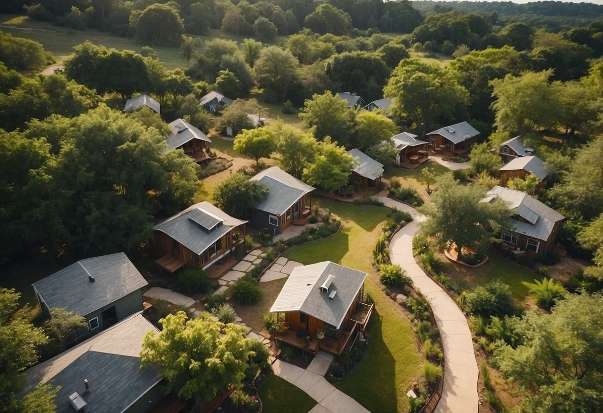 Aerial view of quaint tiny homes nestled among lush greenery in a Texas community