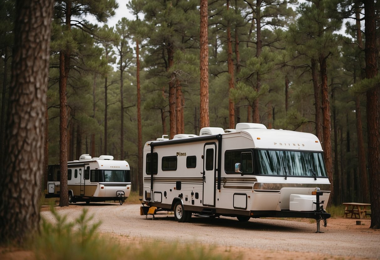 The Pines RV Community features charming tiny homes nestled among tall pine trees in Texas