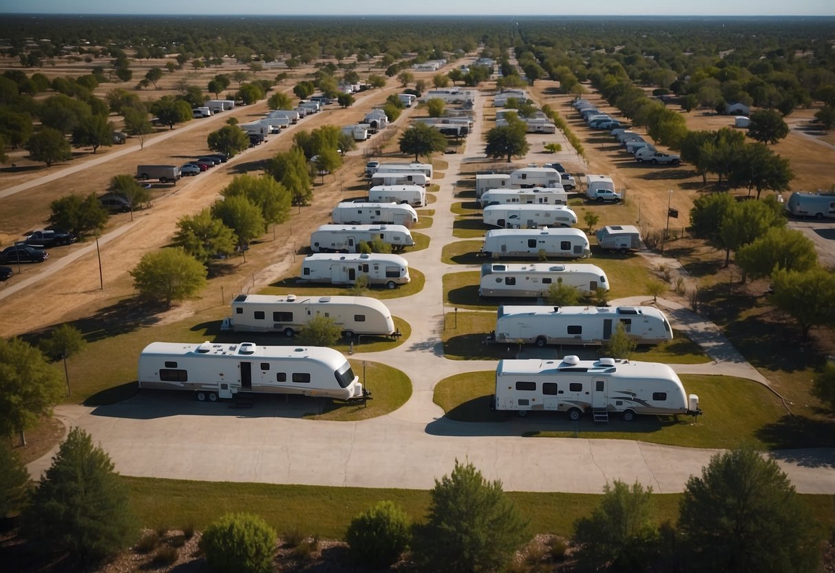 Aerial view of Royse City RV Park, with rows of colorful tiny homes nestled among trees and a central community area