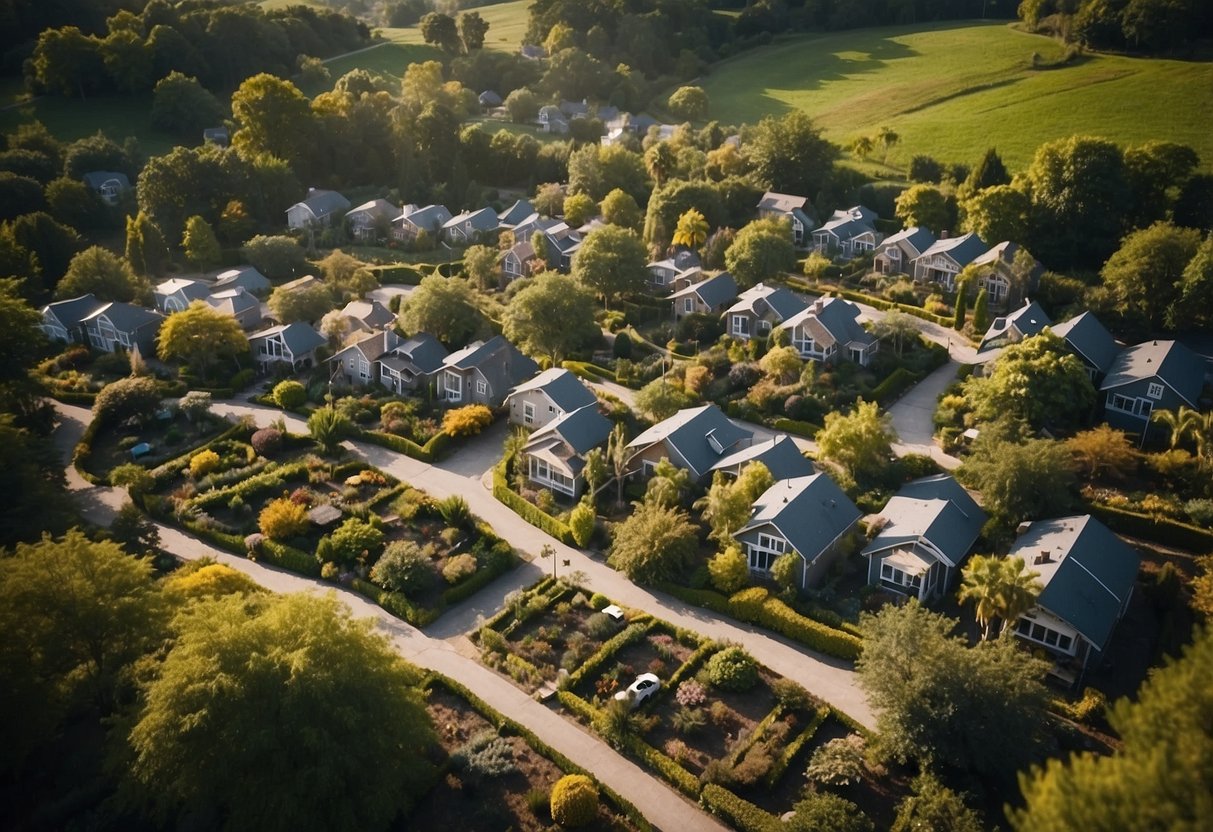 Aerial view of Community First! Village, with rows of tiny homes and communal spaces, surrounded by lush greenery and pathways