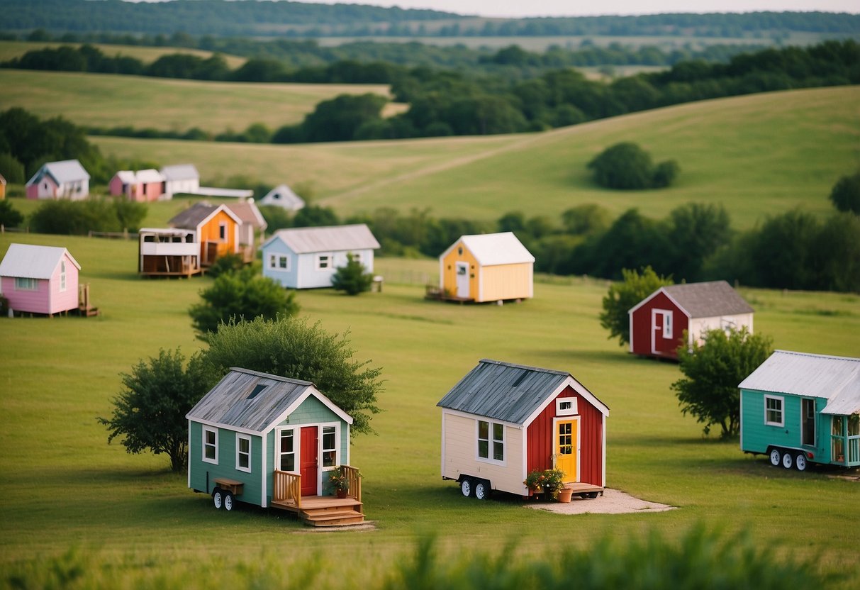 Primrose Village: colorful tiny homes nestled in Texas countryside, surrounded by rolling hills and lush greenery