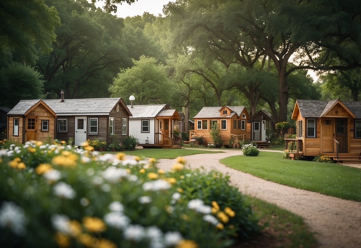 The Lake Dallas Tiny Home Village nestled among lush greenery, with charming tiny homes arranged in a picturesque setting