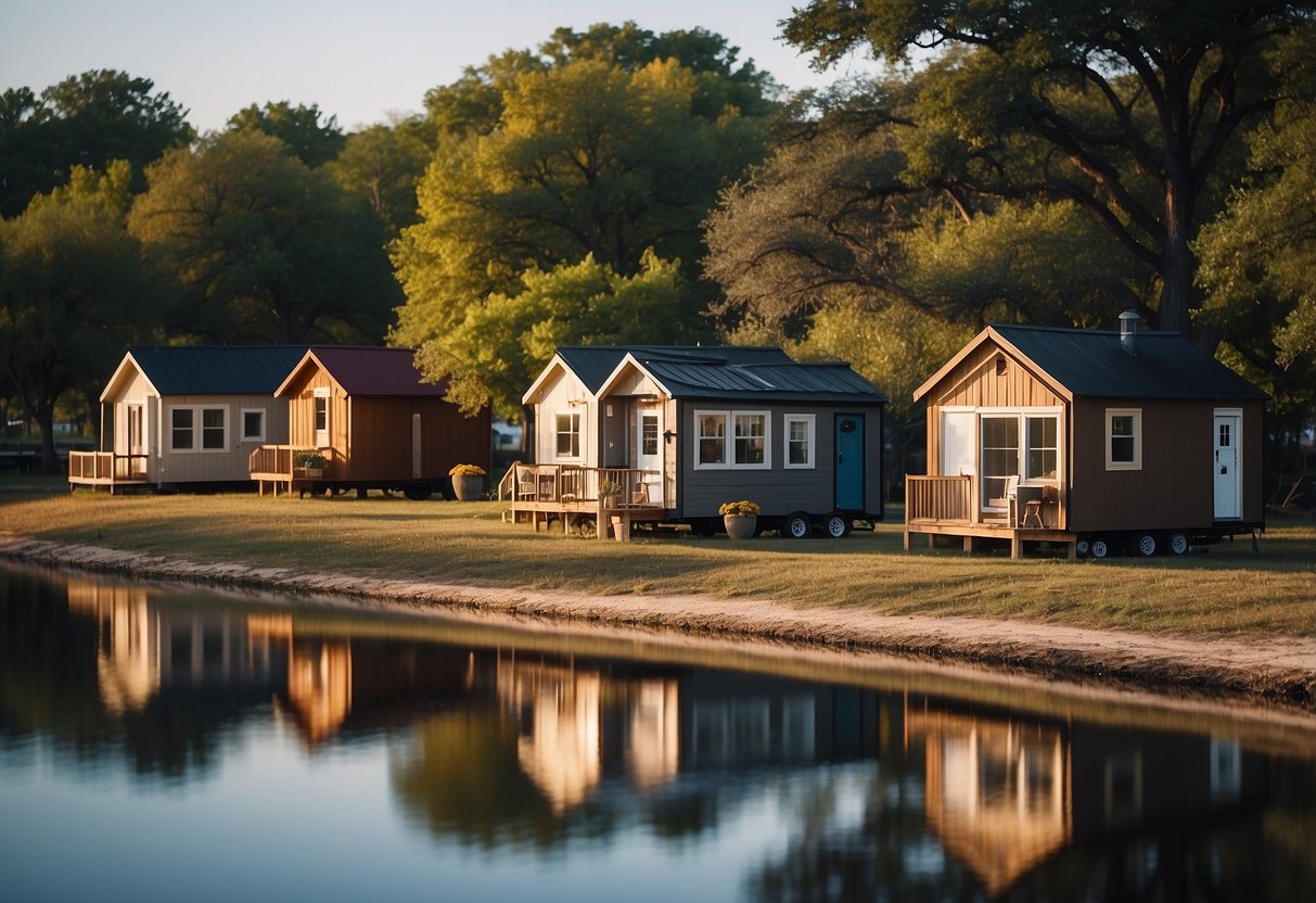 Several tiny homes nestled along the water's edge in a serene Texas community