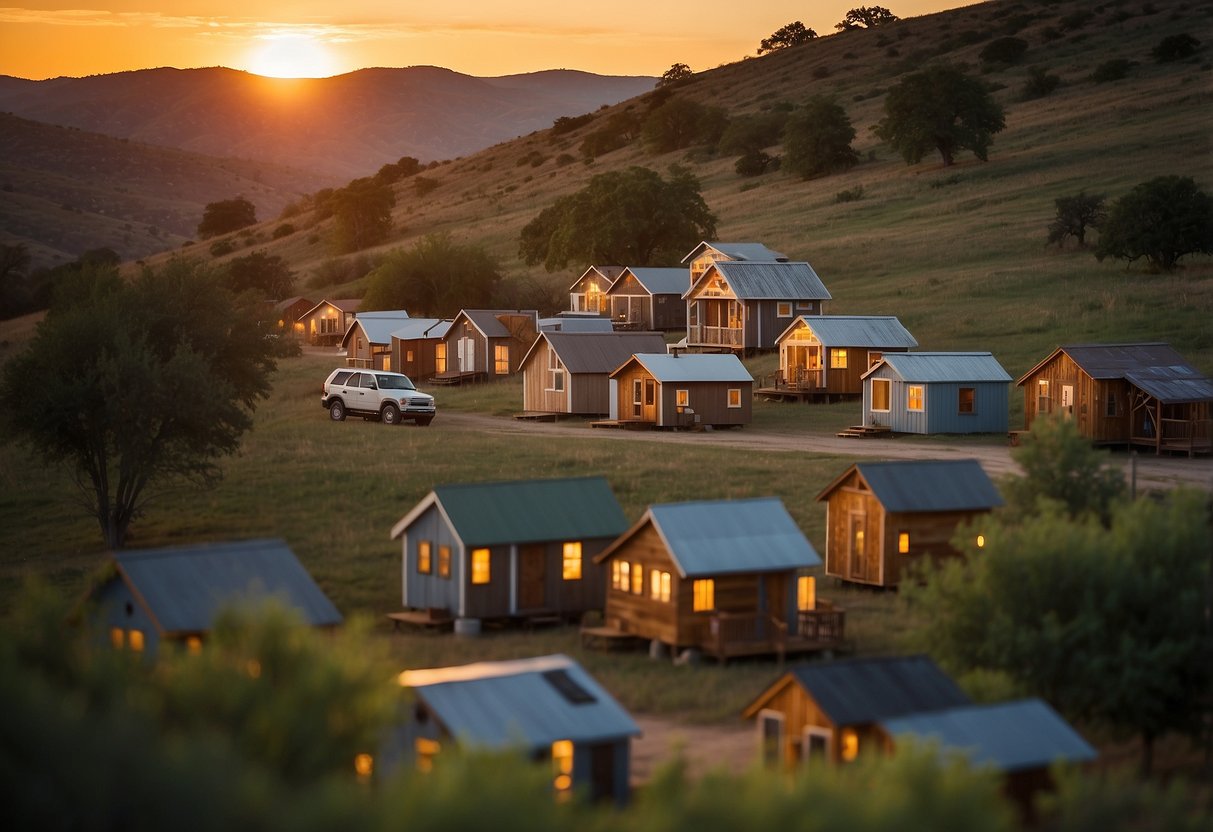 Rolling hills surround a cluster of charming tiny homes, nestled in the heart of Texas. The sun sets behind the peaks, casting a warm glow over the community