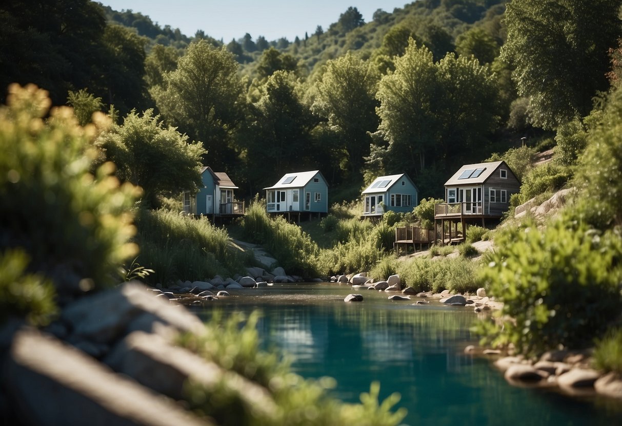 A cluster of small homes nestled by a serene creek, surrounded by lush greenery and a clear blue sky