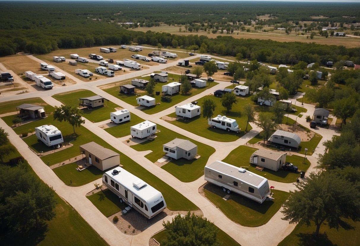 Aerial view of Crosswinds RV and Tiny Home Community in Texas, with neatly arranged tiny homes and communal spaces