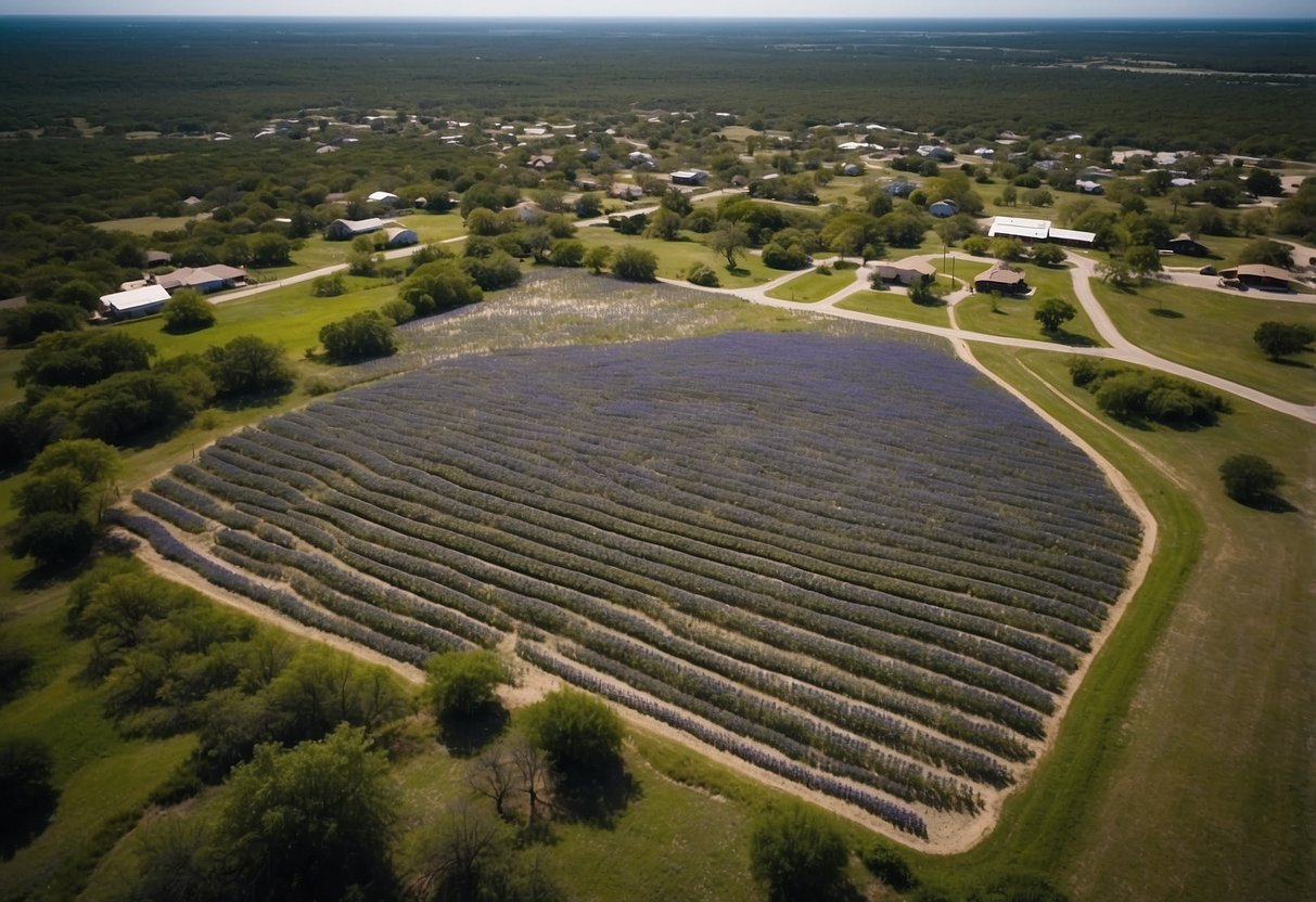 Aerial view of Bluebonnet Community, with rows of tiny homes nestled among lush greenery and blooming bluebonnet flowers