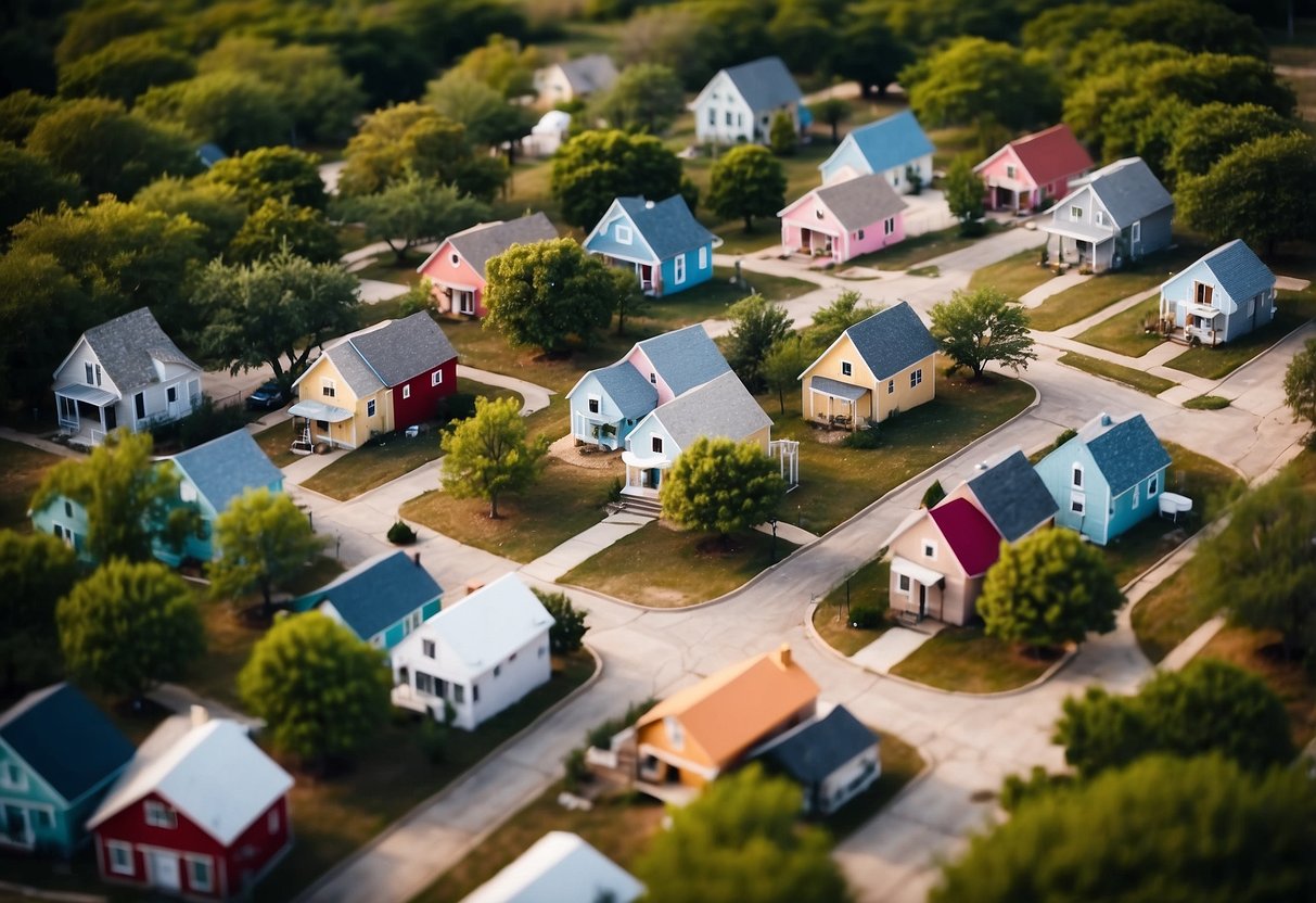 Aerial view of Tiny Town Texas, with colorful tiny homes nestled among trees and winding streets